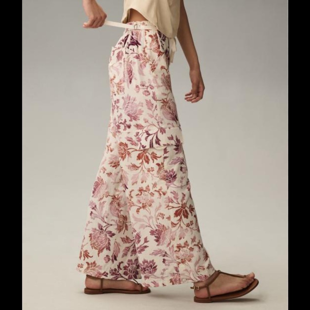 Anthropologie Pilcro Linen Floral Print Cargo Pants Pink Combo • Medium • NWT - Picture 2 of 9